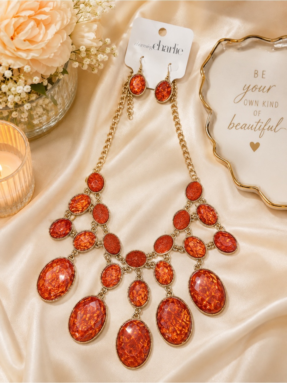 Charming Charlie Orange & Gold Marbled Bib Statement Necklace/ Matching Earrings